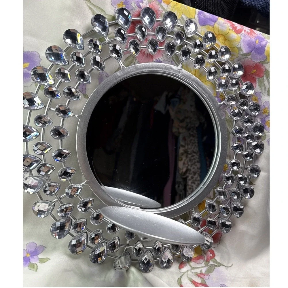 Decorative Crystal Accent Wall Mirror Candle Holder Shelf Silver